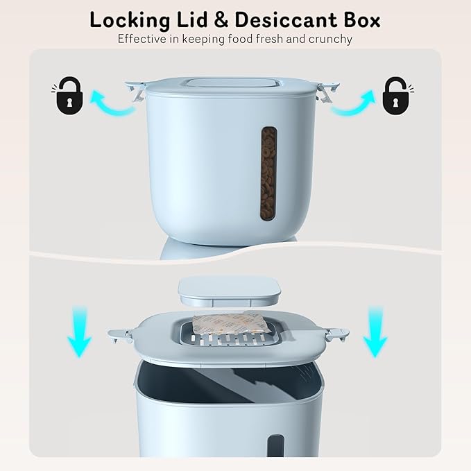 Automatic Cat Feeder and Water Dispenser FW1, Wire or Battery Cat Food Dispenser Timer Pet Feeder - Locking Lid, Desiccant Bag, Programmable Portion Control, 4 Daily Meals, 10s Voice Recorder-Blue