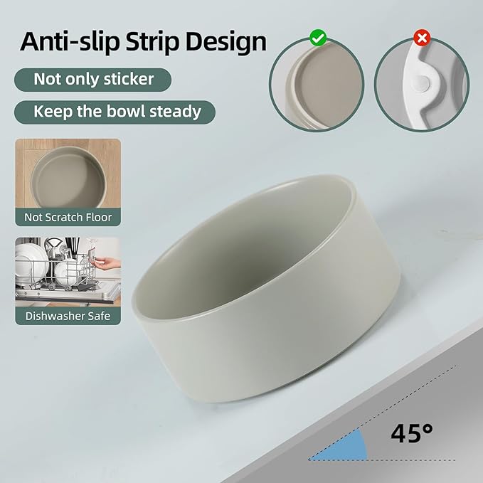 Ceramic Raised Double Bowls Set with Stand, Food & Water Bowls for Large Breed Dogs, Weighted Dog Dishes, Pet Bowl(8.2'',60OZ, Grey)