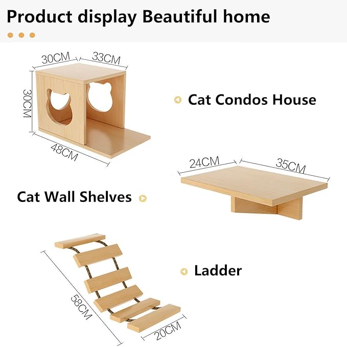 Cat Wall Shelves and Furniture Set with Condos, Perches, Bridge Ladders, Sisal Scratching Posts - Steps and Houses for Cats (B)