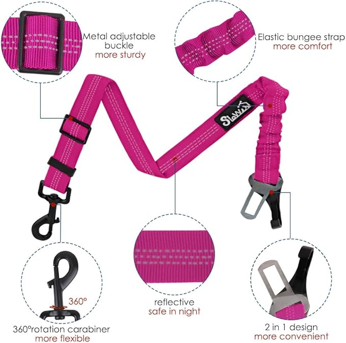 SlowTon Dog Seat Belt, Adjustable Dog Safety Belt Leash, 2 in 1 Latch Bar Attachment Dog Car Seatbelt with Elastic Nylon Bungee Buffer, Reflective Nylon Belt Tether (FU)