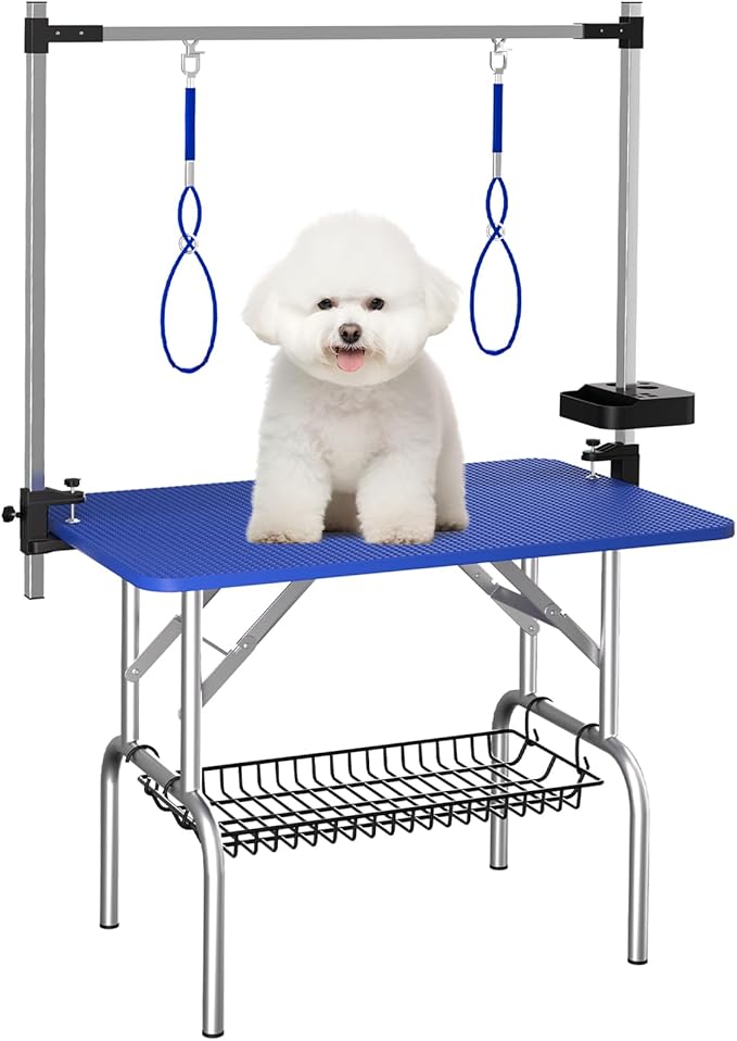 VFK 36''/47''Large Dog Grooming Table, Foldable Pet Station at Home, Dog Grooming Table,Adjustable Cat Drying Desktop with Arms, Nooses, Mesh Tray (Stainless Steel pet Table, 36" Blue)