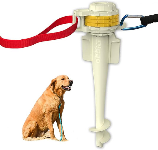 Diggo Dog Stake Beach Anchor - Dog Beach Essentials for All Dog Sizes - Unique 360° Head Rotating Combination Beach Lock System, Heavy Duty Tie Out Stake, Umbrella Sand Anchor, Designed for The Beach