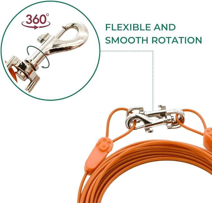 60FT Tie-Out Cables for Dogs - Strong, Safe, and Durable Dog Tie-Outs for Every Breed up to 250 Pounds - Weather and Wear Resistant Galvanized Aircraft Cable for Outside Use