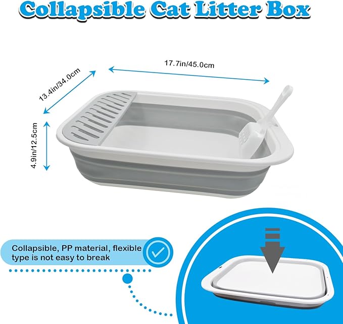Collapsible Cat Litter Box,Open Potty Pan Cat Toilet Foldable Portable Cats Litter Box Travel Litter with Scoop,Waterproof Low Entrance for Kitten and Cat Toilet Easy Clean 17.7"×13.4"x4.9"(Grey)