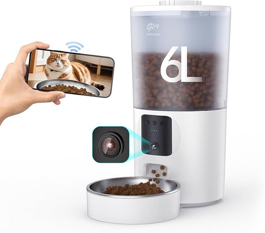 Automatic Cat Feeder with 1080P Camera, Two-Way Audio, APP Timed Auto Control Meals, 6L Dry Food Dispenser, 2.4G / 5G WiFi
