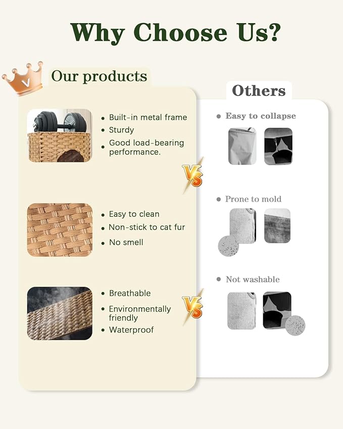 Cat House for Indoor Cat, Large Double Cat Houses Cat Bed Cave, Handwoven Rattan Pet Beds with One Soft Pad, 17 x 17 x 17 Inches Foldable Kitten Hideaway in Living Room Natural