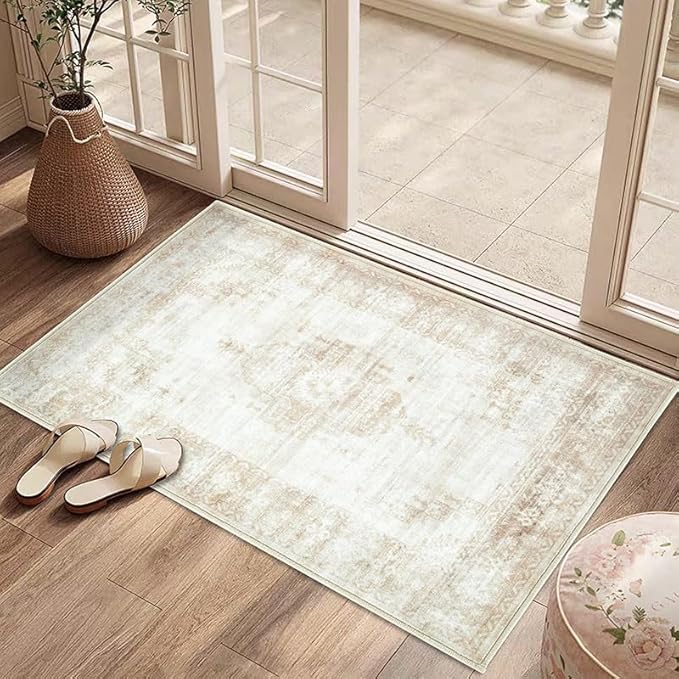 Area Rug 2x3 Entryway Rugs - Machine Washable Vintage Boho Area Rug Non-Slip Kitchen Rugs Soft Stain Resistant Indoor Door Mat, Small Oriental Throw Rug for Entrance Hallway Bedroom (Beige, 2'x3')