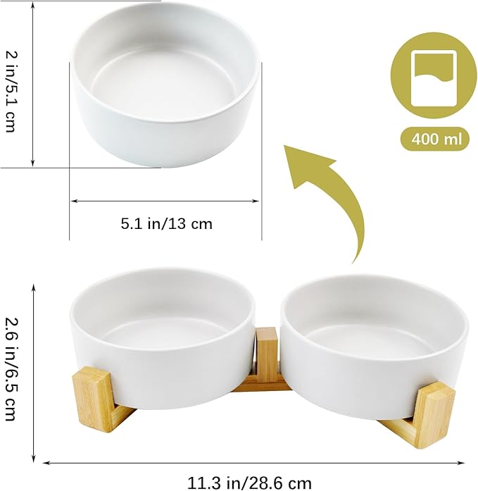 Ceramic Cat Bowls with Bamboo Stand,Non-Slip Small Dog Food and Water Bowl Set Non-Spill Cats Feeder Dish Modern Cute Weighted Cat Dishes for Small Dogs Puppy Cats Kitten(White)