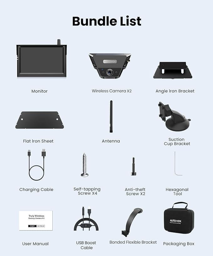 AUTO-VOX Wireless Backup Camera Kit: 5" Monitor, Dual Solar 5A Cams, Bendable Mount – Dual View for RV, Horse/Boat Trailer, Cargo, Campsite & Safe Parking