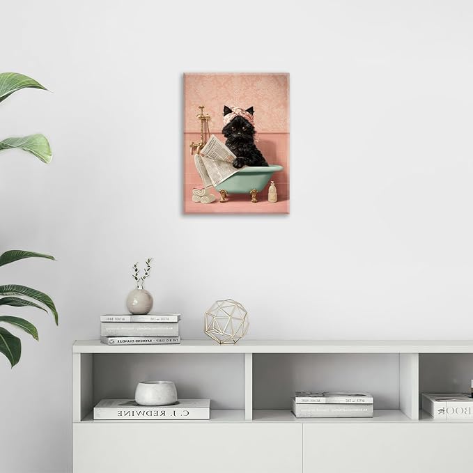 Cat Bathroom Wall Decor Black Cat Reading Newspaper in Bathtub Canvas Wall Art Funny Bathroom Pictures Kitten Painting Print Pink Artwork Framed Decorations Gifts 24"x20"