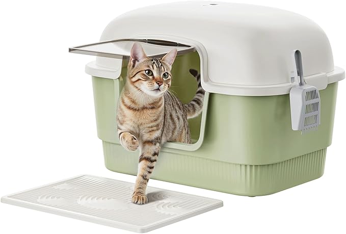 Cat Litter Box with Litter Mat and Scoop,High Wall Enclosed Cat Litter Boxes for Anti-Leakage, Covered Kitty Litter Box with Handle and Buckles for Portability and Privacy, Odor Control (Green)