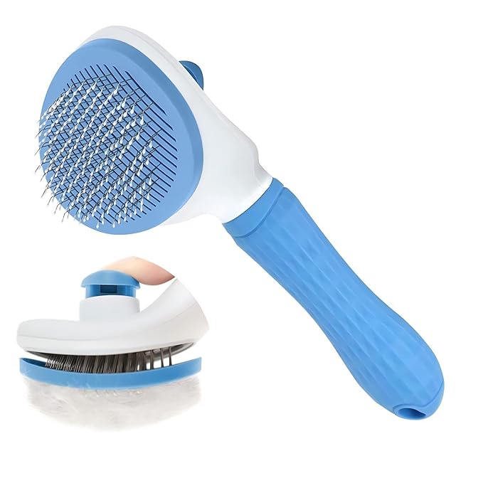 Cat Hair Brush, Cat Brush for Shedding with Metal Comb, Self Cleaning Pet Hair Brush with Release Button - Skin Friendly Deshedding Grooming Brush for Short and Long Haired Cats