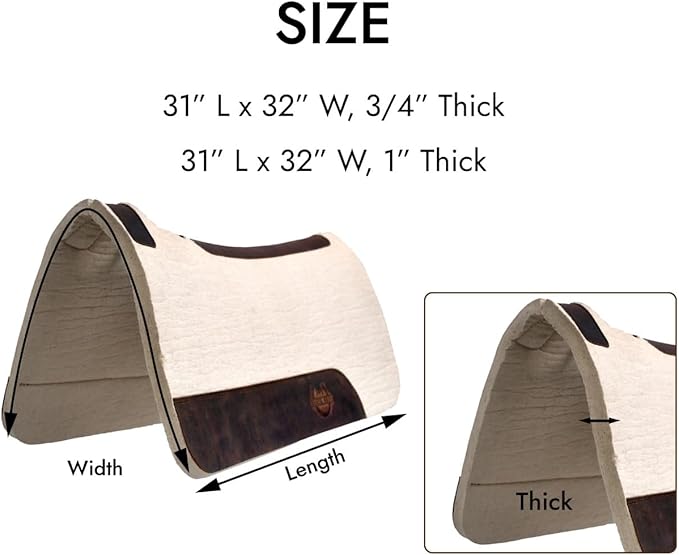 Black HOOF BlackHoof Steam Pressed Merino Wool Felt Contoured Pad 1 Inch Thick(31in Length and 32in Width), Saddle pad for Horses, White