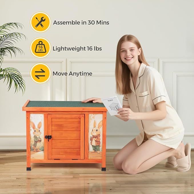 COZIWOW 24in Wooden Cat House Outdoor & Indoor Pet Shelter with Foldable Ramp - Weatherproof Rabbit Hutch with Unique Machine-Printed Art Designs for Cat, Rabbit, Guinea Pig (Orange)