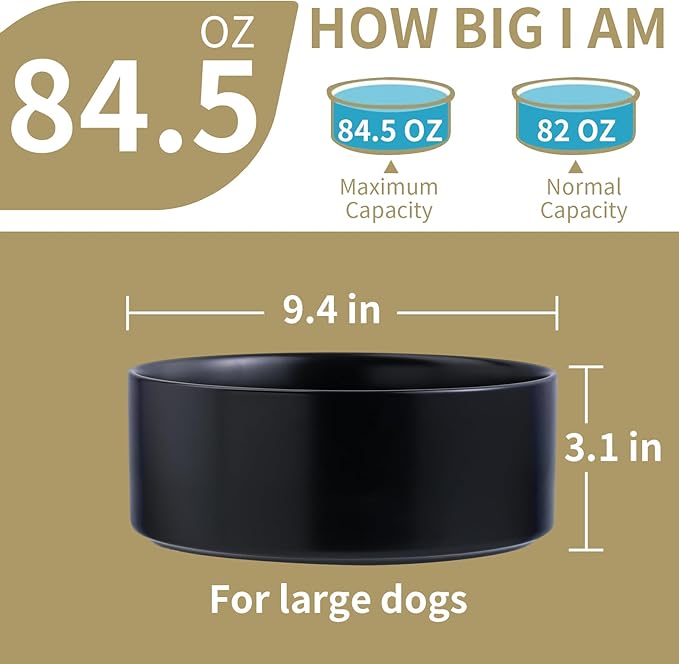 Black Dog Bowl Ceramic for Medium Large Breed,Dog Food Water Dish Heavy Weighted, Non Slip Porcelain Extra Large Big 9.4 in Pet Bowl