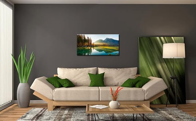 Beautiful Lake Mountain Range Sunrise Sunset Landscape Canvas Wall Art for Living Room, Autumn Forest National Park Scenery, Nature Scenic Picture Print Artwork Painting Decor,Inner Frame 20x40