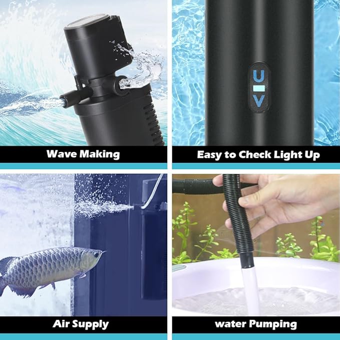 Aquarium Filter for 10-45 Gallon Tank, U-V Fish Tank Green Clean Machine Submersible Powerful Pump Canister Filter 158GPH for Pond Turtle Tank Saltwater Freshwater Crystal Clear Green Killing