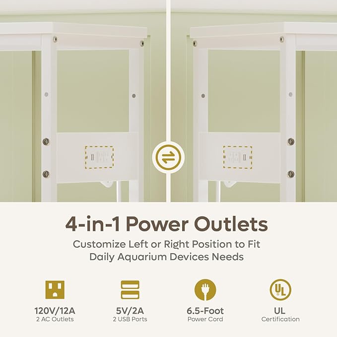 Bestier 20-29 Gallon Fish Tank Stand with Power Outlets, Metal Long Aquarium Stand with Storage Cabinet, 31x15 Reptile Terrarium Stand with Horizontal Gold Line, Stainless Hooks, 350 Lbs(White)