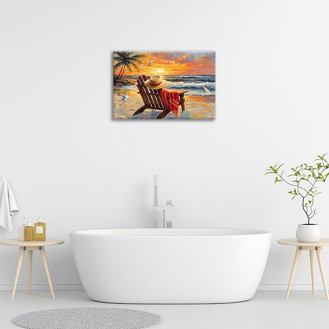 Beach Coastal Bathroom Pictures Wall Art, Seaside Ocean Bathroom Wall Decor, Sunrise Palm Framed Painting Canvas Artwork for Bedroom Living Room Decorations 24"L x 16"W