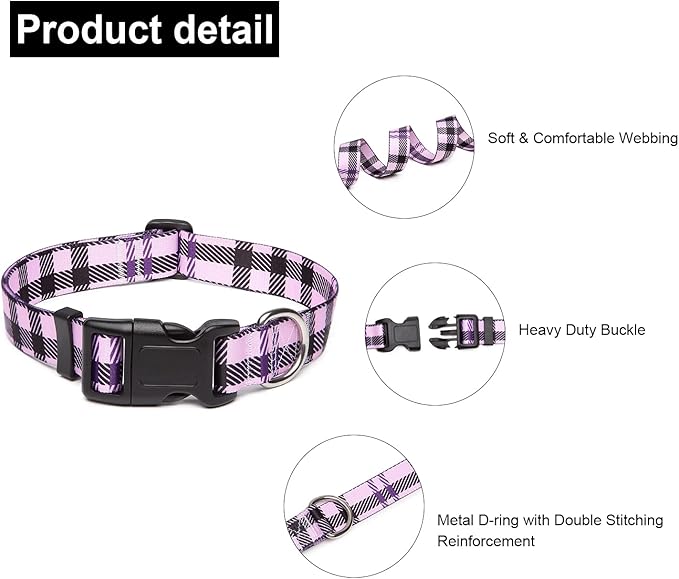 Mercano Adjustable Dog Collar - Special Design Patterns, Soft Nylon Comfortable Durable Pet Collar for Small Medium Large Dogs (L, Purple Plaid)