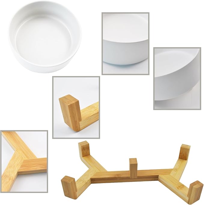Ceramic Cat Bowls with Bamboo Stand,Non-Slip Small Dog Food and Water Bowl Set Non-Spill Cats Feeder Dish Modern Cute Weighted Cat Dishes for Small Dogs Puppy Cats Kitten(White)