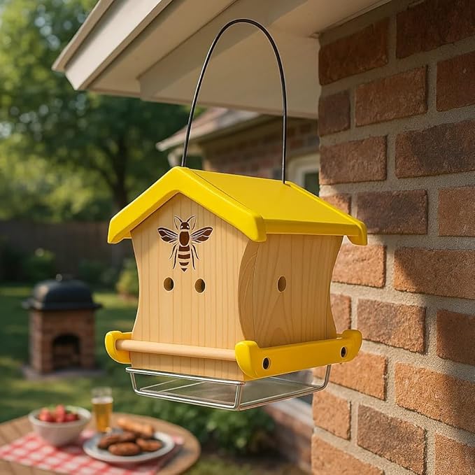 Carpenter Bee House for Outside, Wood Beetrap for Outdoors Insect House Hotel for Garden Stainless Cable Bee Box Without Bottle 2025 New Heavy Duty