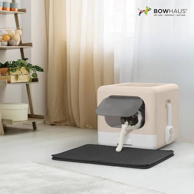 Foldable Cat Litter Box w/Lid, Scoop & Mat, Drawer Design Cat Toilet for Kitten, Two-Way Entry Kitty Litter Box, Odor Control & Easy to Clean, Beige/Pink