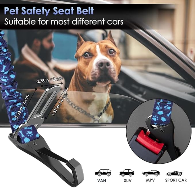 SlowTon Dog Seat Belt, Adjustable Dog Safety Belt Leash, 2 in 1 Latch Bar Attachment Dogs Car Seatbelt with Elastic Nylon Bungee Buffer, Reflective Nylon Belt Tether Connect (BL Dog Paw)