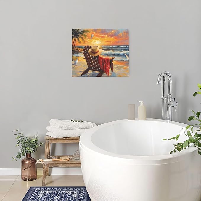 Beach Coastal Bathroom Pictures Wall Art, Seaside Ocean Bathroom Wall Decor, Sunrise Palm Framed Painting Canvas Artwork for Bedroom Living Room Decorations 24"L x 20"W