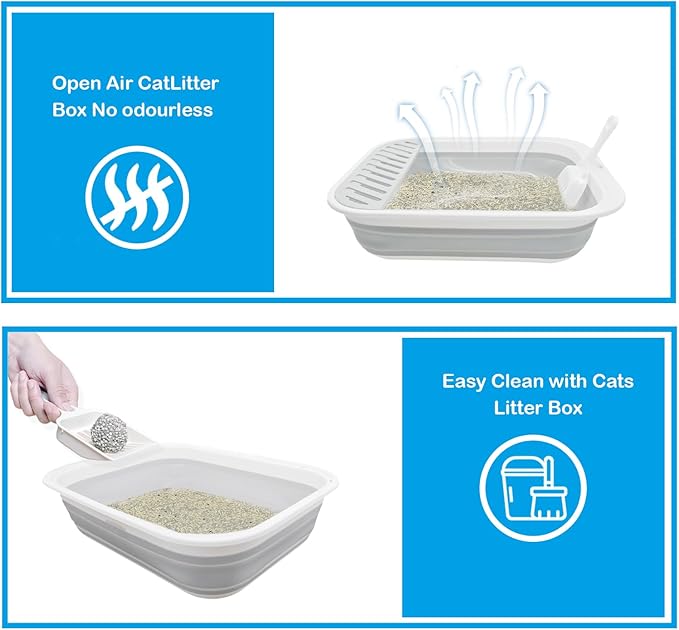 Collapsible Cat Litter Box,Open Potty Pan Cat Toilet Foldable Portable Cats Litter Box Travel Litter with Scoop,Waterproof Low Entrance for Kitten and Cat Toilet Easy Clean 17.7"×13.4"x4.9"(Grey)