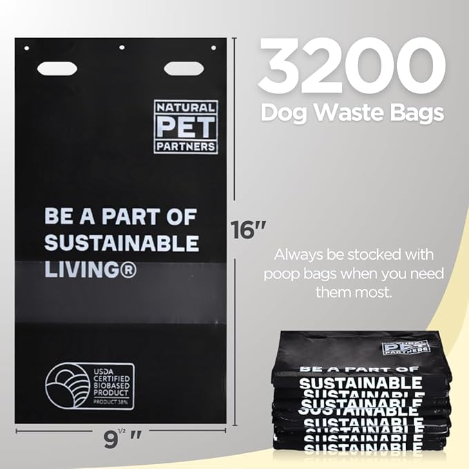 Commercial Pull-Strap Header Dog Poop Bags, 38% USDA Certified Plant-Based, Leak-Proof and Tear Resistant, For Parks, Apartments, and Public Pet Waste Stations, (3,200 Count)