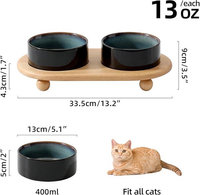 Ceramic Elevated Cat Food and Water Bowl, Kitty Bowl, Raised Cat Dish, Pet Feeder (5.1 in, 2 x Starry Sky + Stand)