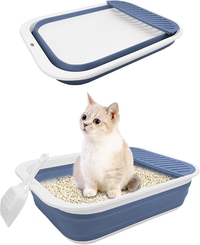 BNOSDM Collapsible Small Cat Litter Box for Kittens Open Potty Pan Foldable Cat Toilet with Scoop Senior Kitty Travel Shallow Litters Boxes Anti-Splash Waterproof Blue 17.7"×13.4"