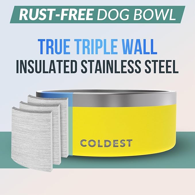 Coldest Dog Bowl - Anti Rust Metal, Non Slip, 3 Layers Insulated Stainless Steel Dog Bowls - Spill Proof & Heavy Duty - Water Bowl for Dogs, Cats & Pets, Dish Washer Safe (100 oz, Solar Yellow)