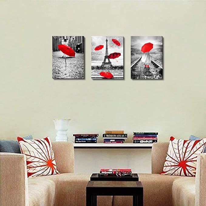Black and white landscape Eiffel Tower 3 Piece Wall Art for Living Room Bathroom Decorations Kitchen Wall decor modern red umbrella Poster Canvas Print Office Bedroom Home Decoration wall paintings