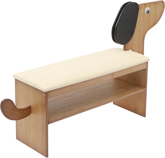 Cute Dog Shoe Bench with Cushion, 51.6”L x 11.8”W Puppy Shoe Storage Bench Beige 2-Tire Bamboo Shoes Rack Bench for Entryway Living Room Hallway Bedroom 220Lbs Load Capacity