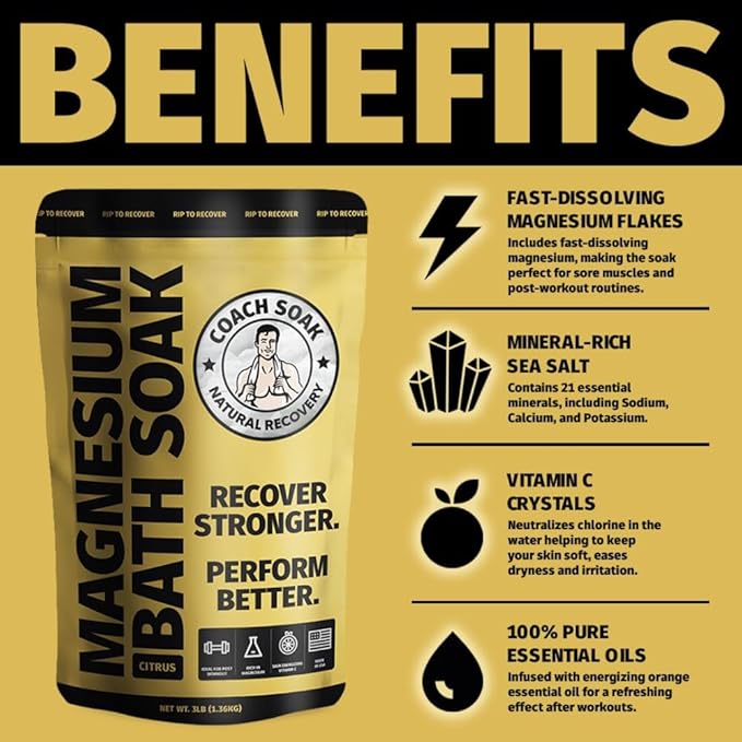 Coach Soak Recovery Bath Soak - Faster Absorption Than Epsom Salt for Pain - Rejuvenating Magnesium Flakes with 21 Minerals, Essential Oils & Bath Salts, 3lbs (Energizing Citrus)