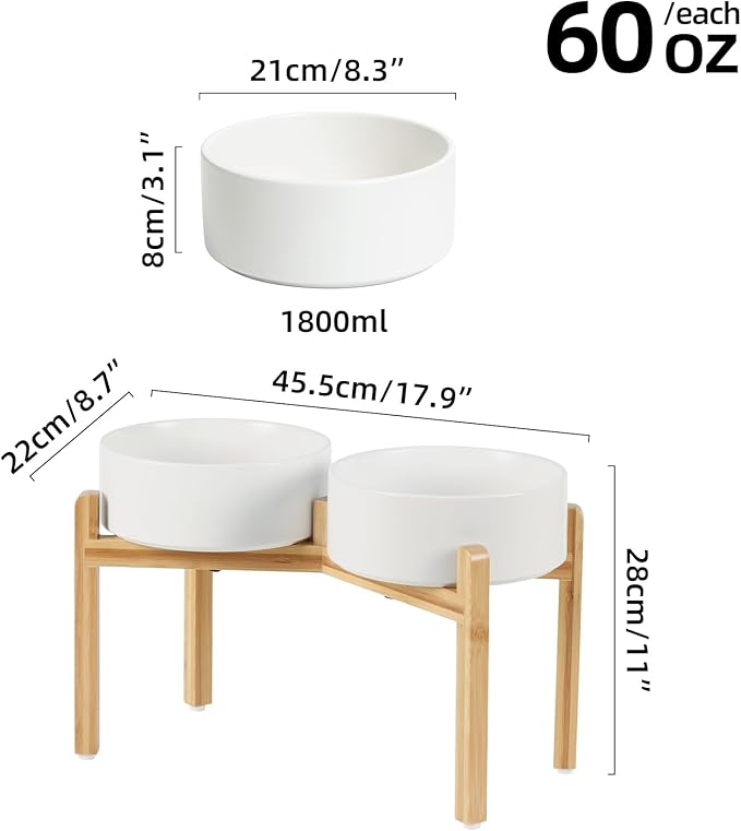 Ceramic Raised Double Bowls Set with Stand, Food & Water Bowls for Large Breed Dogs, Weighted Dog Dishes, Pet Bowl(8.2'',60OZ, White)