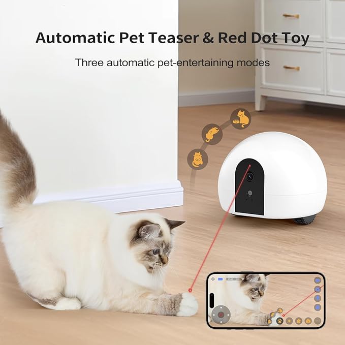 Cat Camera with Interactive Pointer Toy, Moving Robot for Dog and Cat, Mobile Pet Camera Treat Dispenser with Phone App, Auto Recharging and Night Vision, Two-Way Audio (2.4G Wi-Fi Only)