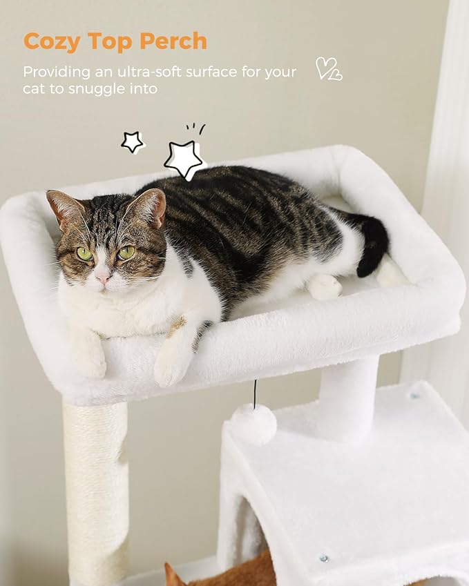 Cat Tree for Large Cats with Metal Plush Big Hammock, 56.3" Cat Tower for Indoor Cats with 2 Door Condo House, 6-Tier Cat Shelves with Scratching Posts and Large Top Perch, Cream White
