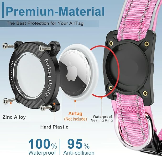 Upgraded AirTag Dog Collar, IP68 Waterproof Dog Collar with Apple Air Tag Holder, Reflective Adjustable Heavy Duty Dog Collars with Soft Padded for Small, Medium and Large Dogs,Pink, XL