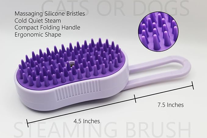 Cat Steam Brush, Helps Reduce Cat Hair, Easy Cleaning Top, Steam Brush with Silicone Massage Bristles for Cats or Dogs, Best for Long-haired Cats or Dogs (Purple)
