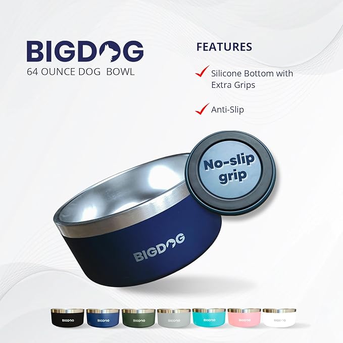 BIGDOG Large Dog Bowls, Stainless Steel Dog Food and Water Bowl, 100 Ounces, Grey