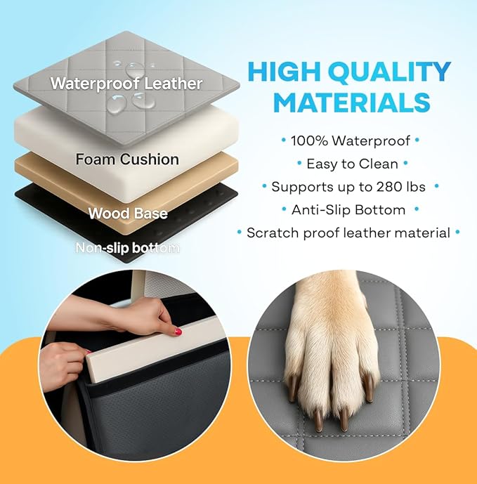 APetsPlanet Dog Car Seat Cover for Back Seat Hard Bottom - Waterproof Backseat Extender for Dogs - Pet Hammock Bed for Car, Truck, SUV with Mesh Window & Storage - Gray Leather, with Door Covers