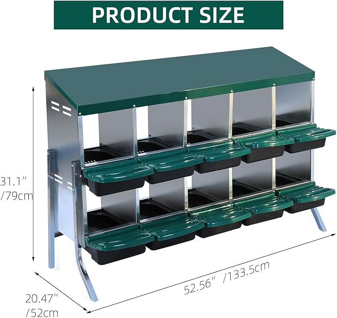Chicken Nesting Box, 10 Hole 2 Layer Hen Nest Box with Legs, Roll Away Eggs Laying Boxes,Cleanable Pull Out Hen Roosting Boxes