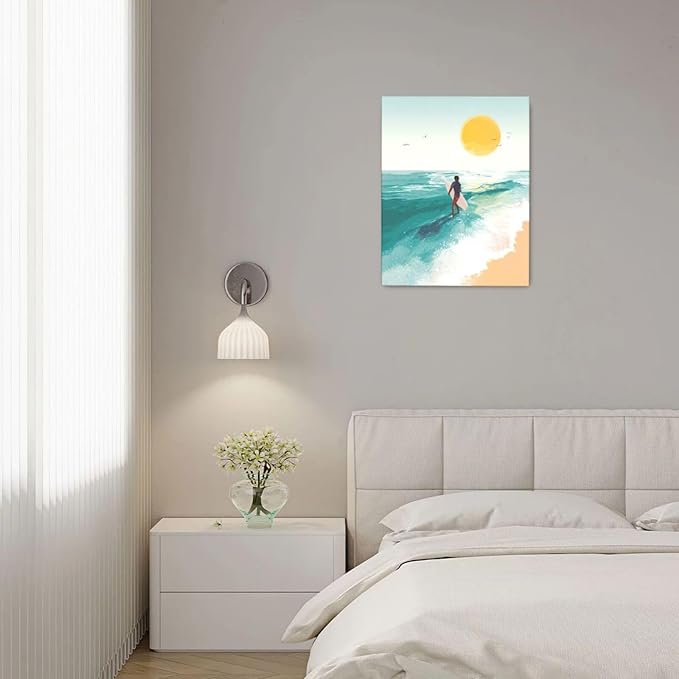 Beach Surfing Wall Art Ocean Coastal Wave Canvas Wall Decor Summer Nature Seascape Pictures Painting Print Framed Artwork Decorations for Bathroom Living Room Office Bedroom 16"x20"