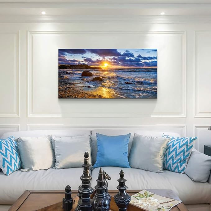 canvas wall art for living room bedroom Wall Decor blue ocean landscape painting Hang Home Decoration office bathroom kitchen sun beach sea golden Waves on the beach canvas art Prints pictures Works