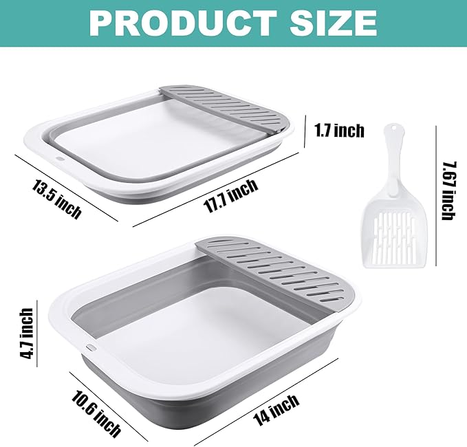 Cat Litter Box for Travel, 18"×14" Grey Small Litter Box for Open Foldable Waterproof Litter Pan,Kitty Litter Box Easy to Clean and Assemble, Portable Litter Box with Scoop