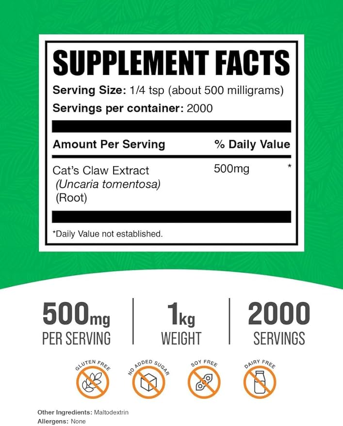 BulkSupplements.com Cat's Claw Extract Powder - Cat's Claw Supplement, Herbal Supplement - Vegan & Gluten Free, 500mg per Serving, 1kg (2.2 lbs) (Pack of 1)