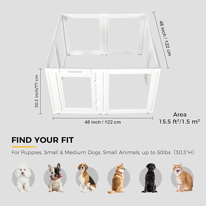 Clear Acrylic Plastic Dog Playpen - Clear Dog Play Pen - Easy Assemble Acrylic Dog Playpen - Puppy Playpen, Cat Playpen, Small Animal Playpen, Dog Play Pen Indoors (White, 30.3" H, 8PCS)